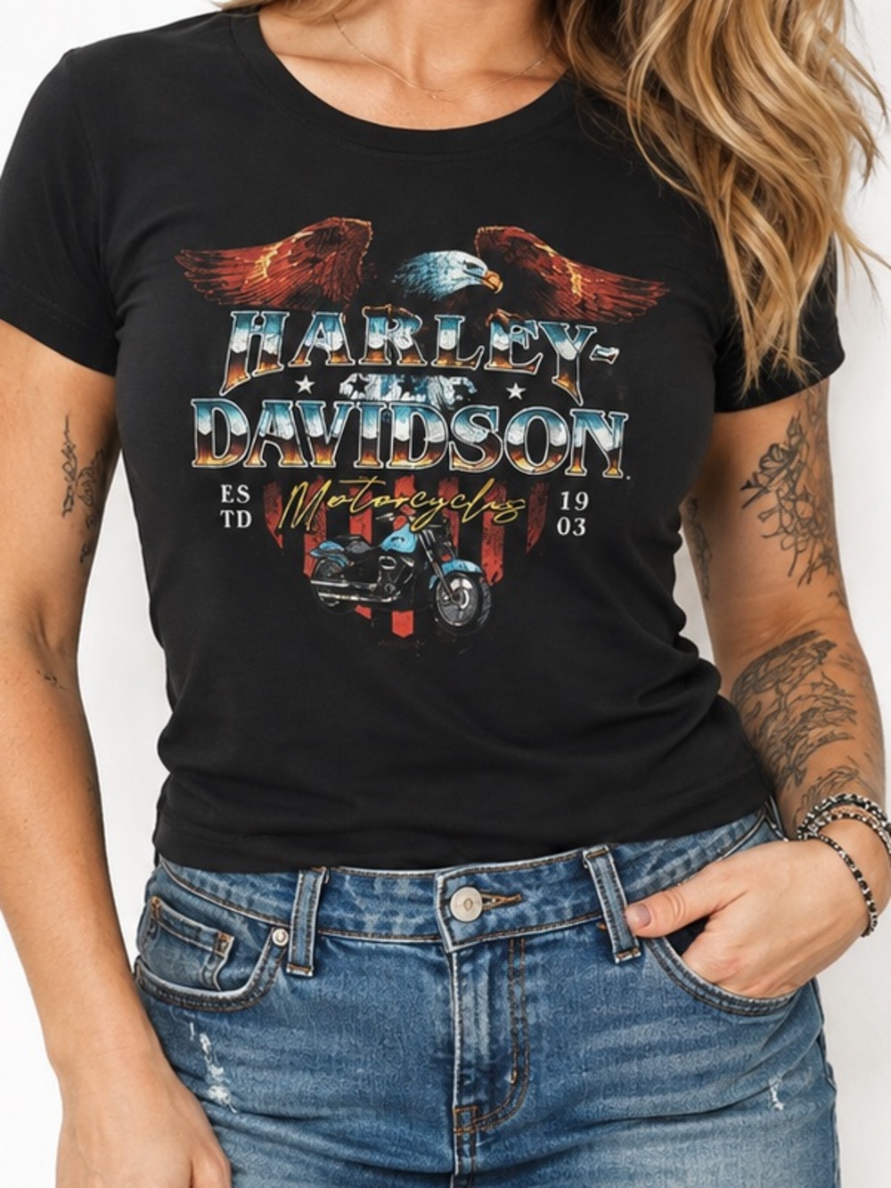 Harley Davidson Women M Moto Motorcycle Biker Girl Graphic Tee Western Grunge